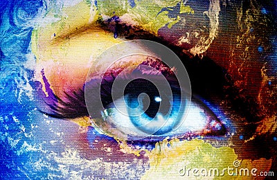 Planet Earth and blue human eye with violet and pink day makeup. Eye painting. Stock Photo