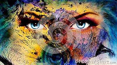 Planet Earth and blue human eye with violet and pink day makeup. woman eye painting Stock Photo