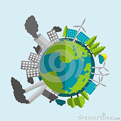 Planet Earth Cartoon - Half Filled With Renewable Energy Sources And Nature - Half With Industry And Pollution Vector Illustration