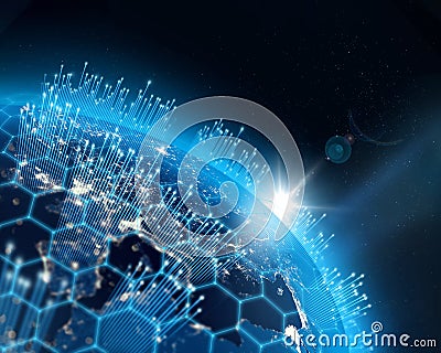 Planet Earth, city lights and digital cellular network growing binary data Stock Photo