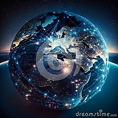 Planet Earth city lights and worldwide network gro, generative AI Stock Photo