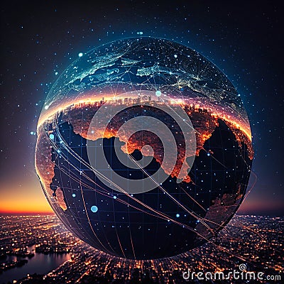 Planet Earth city lights and worldwide network gro, generative AI Stock Photo