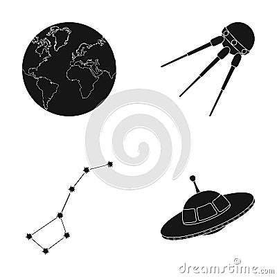 Planet Earth with continents and oceans, flying satellite, Ursa Major, UFO. Space set collection icons in black style Vector Illustration