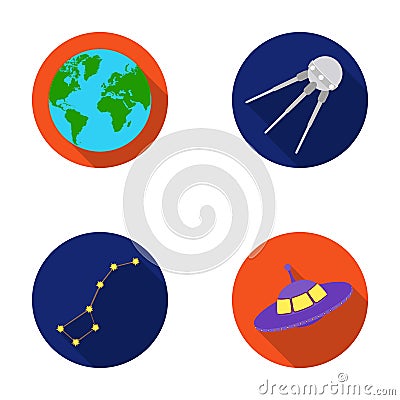 Planet Earth with continents and oceans, flying satellite, Ursa Major, UFO. Space set collection icons in flat style Vector Illustration