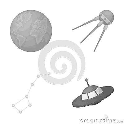 Planet Earth with continents and oceans, flying satellite, Ursa Major, UFO. Space set collection icons in monochrome Vector Illustration