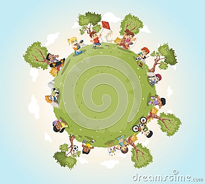 Planet earth with cute cartoon kids playing. Vector Illustration