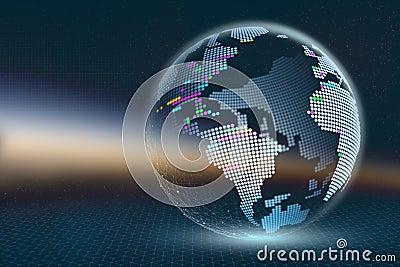 Planet Earth 3D illustration. Transparent pixel map with luminous elements on a dark abstract background. Technologies of global d Cartoon Illustration