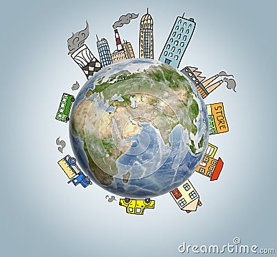 Planet Earth with drawn houses, skyscrapers, factories, cars and buildings around it. Stock Photo