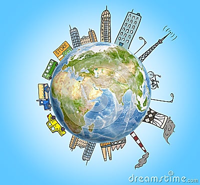 Planet Earth with drawn houses, skyscrapers, factories, cars and buildings around it Stock Photo
