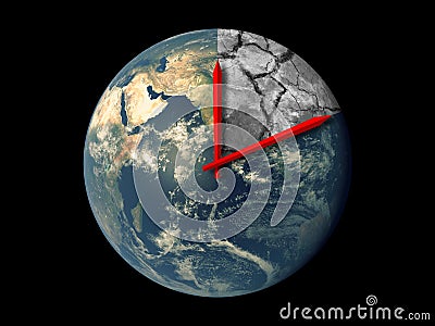 Planet Earth Ecology Death Countdown concept. Red hands clock on Earth running towards natural climate change disaster isolated Stock Photo