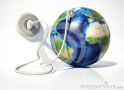 Planet Earth with electric cable, plug and socket. Source maps o Stock Photo
