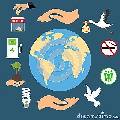 Planet Earth environment under protection, ecology. Environmental protection. Vector Illustration