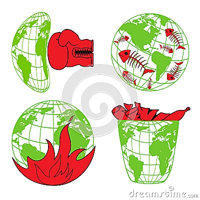 Planet Earth, environmental pollution, environmental disaster, ecology icons Vector Illustration