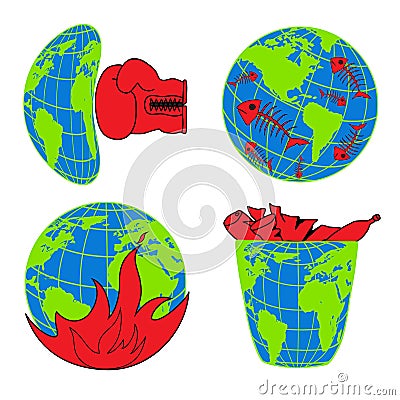 Planet Earth, environmental pollution, environmental disaster, ecology icons Vector Illustration