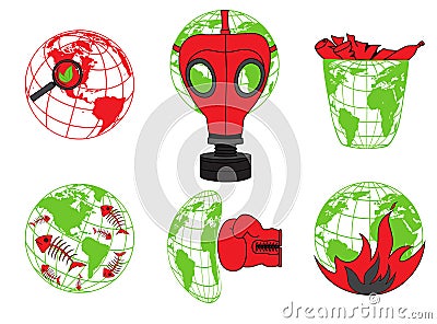 Planet Earth, environmental pollution, global disaster, ecology icons Vector Illustration