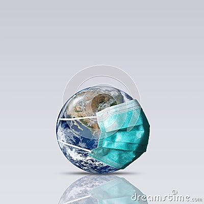 Planet Earth with face mask protect. World medical concept. Elements of this image furnished by NASA Stock Photo