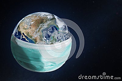 Planet Earth with face mask protect. World medical concept. Elements of this image furnished by NASA Stock Photo