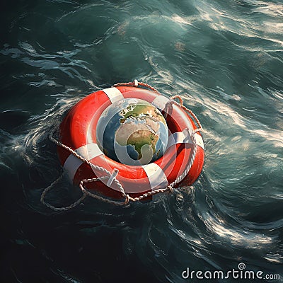 Planet Earth floating on a lifebuoy, to prevent it from sinking Stock Photo