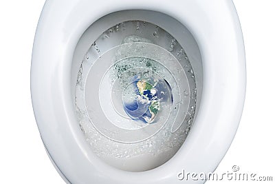Planet earth is flushed with a lot of drinking water into a toilet bowl, waste of environmental resources and water saving concept Stock Photo