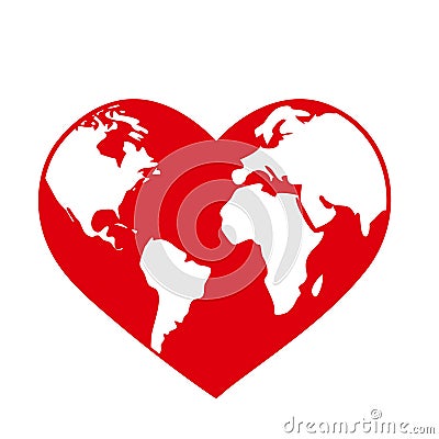 Planet Earth globe in the shape of a red heart. World health day or ecology environmental concept symbol isolated on Vector Illustration