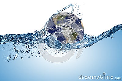 Planet earth globe in wave of water in the ocean. Climate change global warming concept isolated white background. Elements of Stock Photo