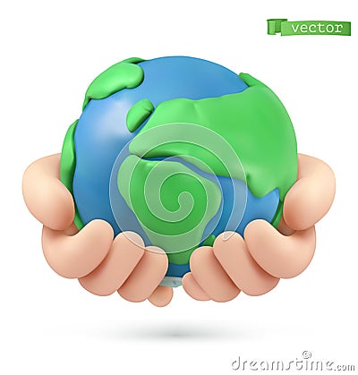 Planet earth in hands icon. 3d vector. Handmade plasticine art illustration Vector Illustration