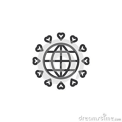 Planet earth with hearts line icon Vector Illustration