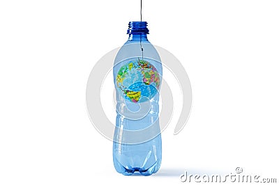 Planet earth on a hook in a plastic bottle - Concept of ecology and stop plastic pollution Stock Photo