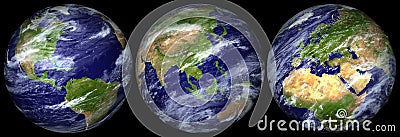 Planet Earth in 3 views isolated on black background - PNG Stock Photo