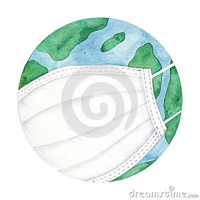 Planet Earth with medical mask to prevent the spread of the virus, hand painted watercolor illustration Cartoon Illustration