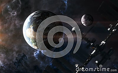Planet Earth and moon. ISS blurred in motion. Solar system. 3D Render Stock Photo