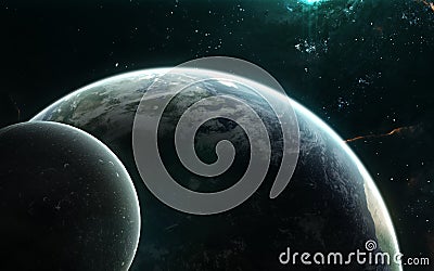 Planet Earth and Moon in turquoise light. Solar system, nebulae, star clusters. Science fiction art. Stock Photo