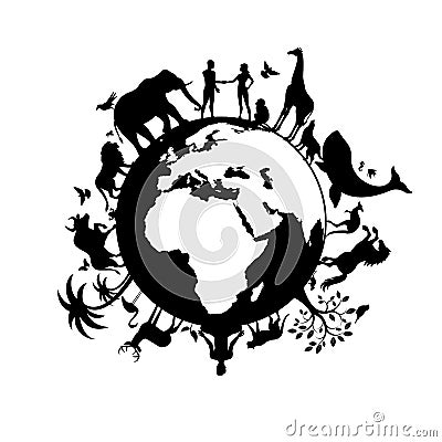 Planet Earth with people and animals black silhouette vector Vector Illustration