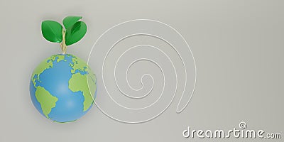 Planet earth and plant on white background. Earth day symbol. Globe with sapling, Eco Save the world, Clean environment, Cartoon Illustration