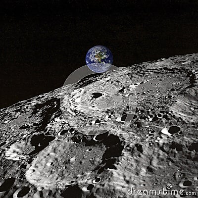 Planet earth rising view from the moon surface Stock Photo