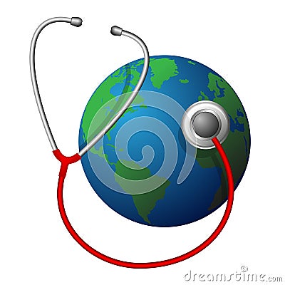 Planet Earth and a red medical phonendoscope. Taking care of our place of residence. Problems of ecology and climate. Vector Illustration