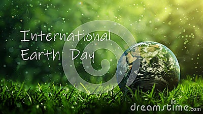 Our beautiful planet Earth rests on a lush green field on Earth Day. Stock Photo