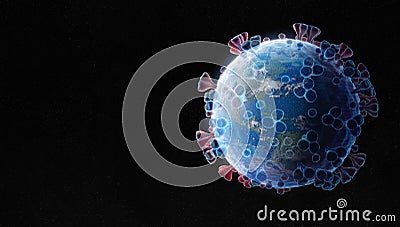Planet Earth shaped as the Coronavirus in blue wireframe style. Covid-19 pandemic spreading in USA between countries and infecting Stock Photo