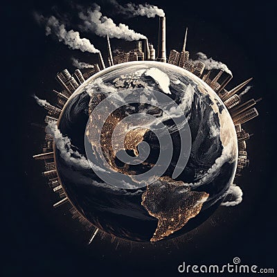 planet earth with smoking chimneys on a black background. ai generative Stock Photo