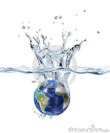 Planet Earth, splashing into clear water. Stock Photo