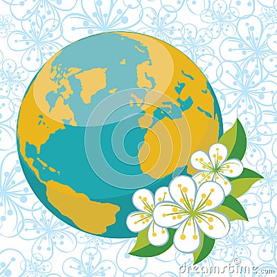 Planet earth with spring flovers on flowers backgr Vector Illustration