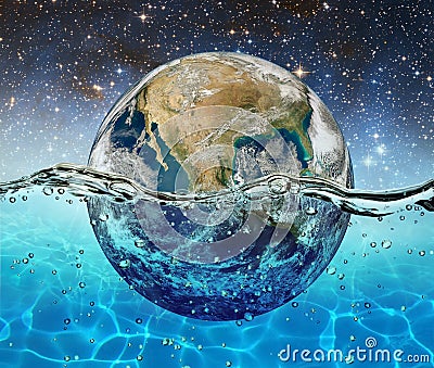 Planet Earth is submerged in water on the background of the starry sky Stock Photo
