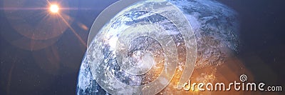 Planet Earth and Sun 3D rendering. Realistic illustration from space, horizontal banner resolution. High quality Cartoon Illustration