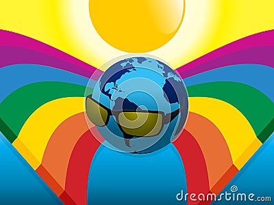 Planet Earth with sunglasses on crossing rainbows Stock Photo