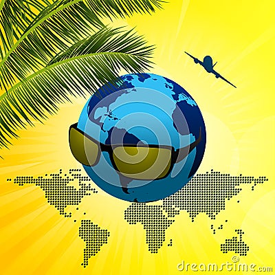 Planet Earth with sunglasses on summer background Stock Photo