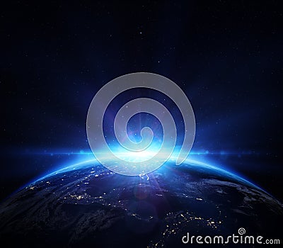 Planet earth with sunrise in the space Stock Photo