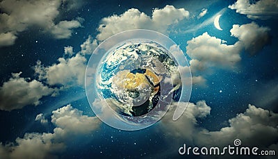 Planet Earth surrounded by clouds, the moon and stars in the night sky. Fantasy collage on travel, geography, space, science and Stock Photo