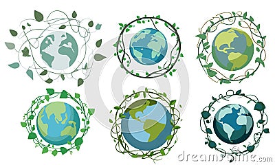 Planet Earth surrounded by green leafy vines vector graphical illustration Cartoon Illustration