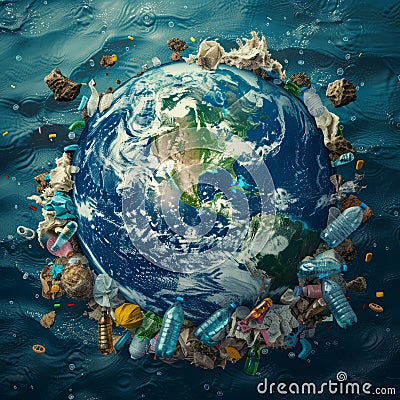 Planet Earth surrounded by plastic waste. Stock Photo