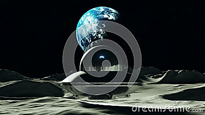 Planet Earth Viewed from the Moon Silver UFO Hovering Stock Photo